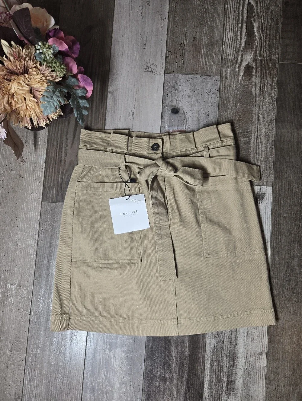 NWT Above Able Blu Pepper Tan Paperbag Waist Mini Skirt with Tie Women's Small